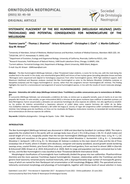 Mellisuga Helenae) (Aves: Trochilidae) and Potential Consequences for Nomenclature of the Mellisugini