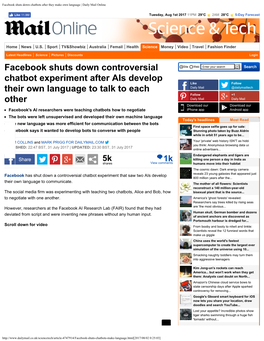 Facebook Shuts Down Chatbots After They Make Own Language | Daily Mail Online