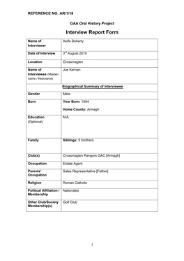 GAA Oral History Project Interview Report Form