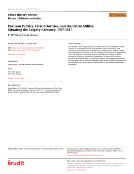 Partisan Politics, Civic Priorities, and the Urban Militia: Situating the Calgary Armoury, 1907-1917 P