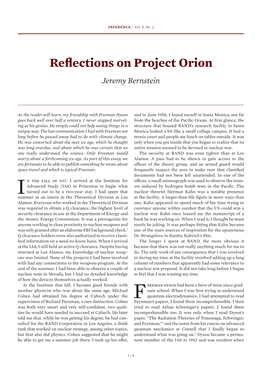 Reflections on Project Orion Jeremy Bernstein