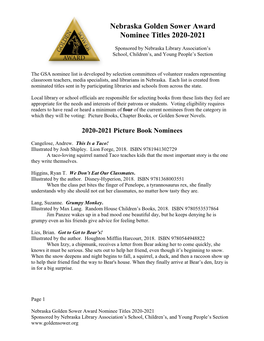 Nebraska Golden Sower Award Nominee Titles 2020-2021