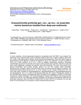 Crassaminicella Profunda Gen. Nov., Sp. Nov., an Anaerobic