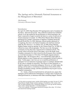 The Apology and Its Aftermath: National Atonement Or the Management of Minorities?