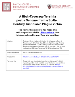 A High-Coverage Yersinia Pestis Genome from a Sixth- Century Justinianic Plague Victim