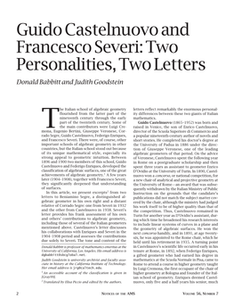 Guido Castelnuovo and Francesco Severi: Two Personalities, Two Letters Donald Babbitt and Judith Goodstein