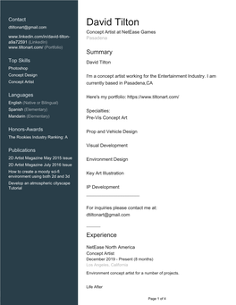 David Tilton Concept Artist at Netease Games Pasadena A9a72591 (Linkedin) (Portfolio) Summary