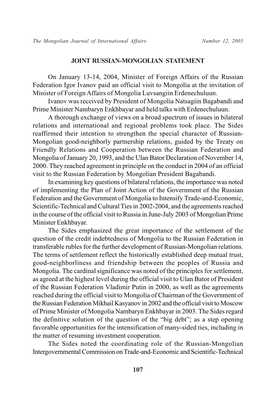 107 JOINT RUSSIAN-MONGOLIAN STATEMENT on January 13-14, 2004, Minister of Foreign Affairs of the Russian Federation Igor Ivan