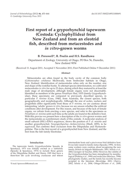 First Report of a Gryporhynchid Tapeworm (Cestoda: Cyclophyllidea) from New Zealand and from an Eleotrid ﬁsh, Described from Metacestodes and in Vitro-Grown Worms
