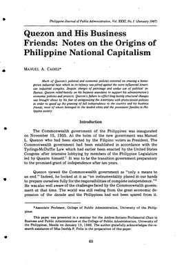 Quezon and His Business Friends: Notes on the Origins of Philippine National Capitalism