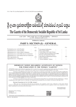 The Gazette of the Democratic Socialist Republic of Sri Lanka Wxl 2"120 – 2019 Wfm%A,A Ui 18 Jeks N%Yiam;Skaod – 2019'04'18 No