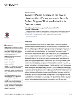 Complete Plastid Genome of the Recent Holoparasite Lathraea Squamaria Reveals Earliest Stages of Plastome Reduction in Orobanchaceae