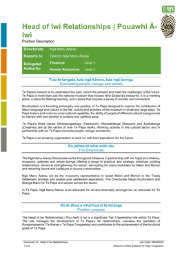 Head of Iwi Relationships | Pouawhi Ā- Iwi Position Description