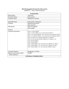 Plant Propagation Protocol for Salix Prolixa ESRM 412 – Native Plant Production