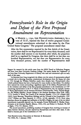 Pennsylvania's Role in the Origin and Defeat of the First Proposed Amendment on Representation