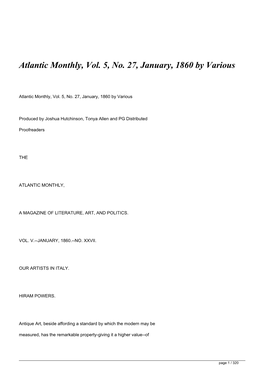 Atlantic Monthly, Vol. 5, No. 27, January, 1860 by Various