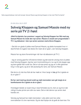 Solveig Kloppen Og Samuel Massie Med Ny Serie På TV 2 I Høst