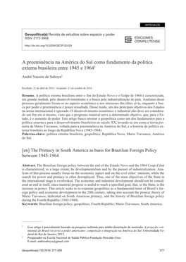 A Preeminência Na América Do Sul Como Fundamento Da Política Externa Brasileira Entre 1945 E 19641