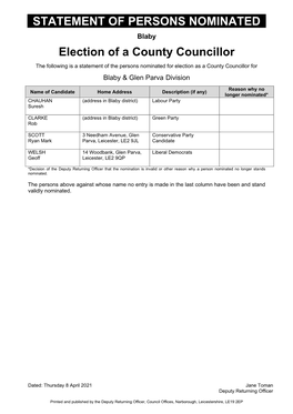 Nominated Candidates for Blaby District