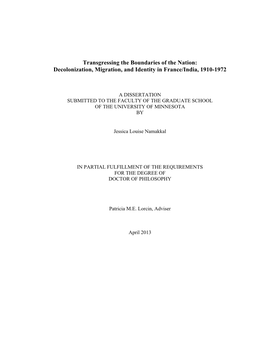 Decolonization, Migration, and Identity in France/India, 1910-1972