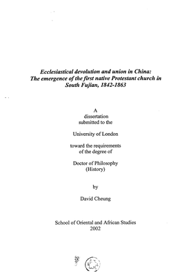 The Emergence of the First Native Protestant Church in South Fujian, 1842-1863