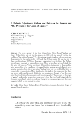 A Delicate Adjustment: Wallace and Bates on the Amazon and ‘‘The Problem of the Origin of Species’’