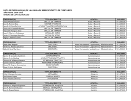 Lista De Empleados De La Cámara De Representantes Año Fiscal 2014-15