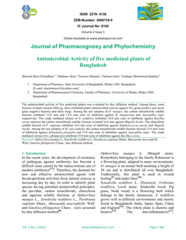 Journal of Pharmacognosy and Phytochemistry Antimicrobial Activity of Five Medicinal Plants of Bangladesh