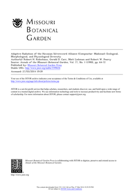 Adaptive Radiation of the Hawaiian Silversword Alliance (Compositae- Madiinae): Ecological, Morphological, and Physiological Diversity Author(S): Robert H