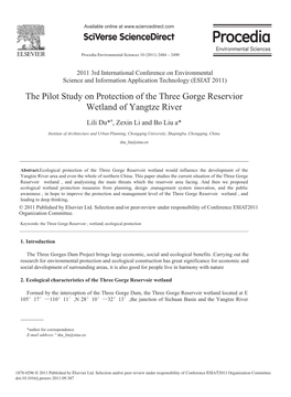 The Pilot Study on Protection of the Three Gorge Reservior Wetland of Yangtze River