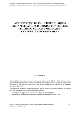 Cahier Des Charges Des Appellations D'origine Contrôlées « Bourgogne Grand Ordinaire » Et « Bourgogne Ordinaire »