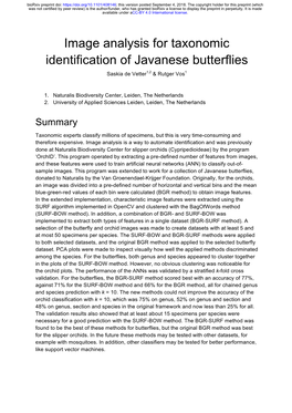 Image Analysis for Taxonomic Identification of Javanese Butterflies Saskia De Vetter1,2 & Rutger Vos1