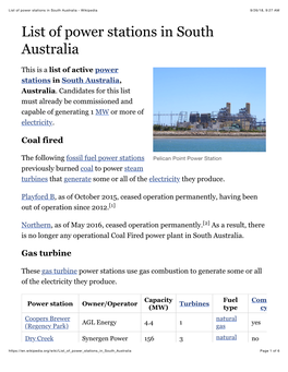 List of Power Stations in South Australia - Wikipedia 9/26/18, 9:27 AM List of Power Stations in South Australia