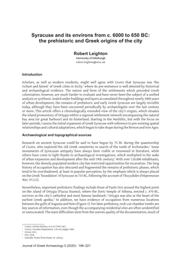 Syracuse and Its Environs from C. 6000 to 650 BC: the Prehistoric and Greek Origins of the City