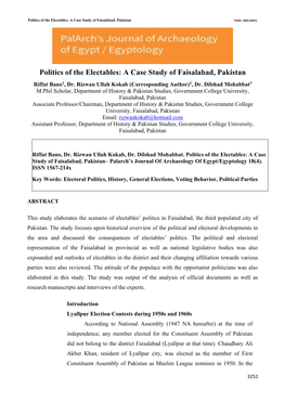 Politics of the Electables: a Case Study of Faisalabad, Pakistan PJAEE, 18(4) (2021)