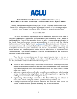 Written Submission of the American Civil Liberties Union (ACLU) to the Office of the United Nations High Commissioner for Human Rights (OHCHR)