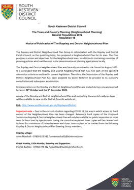 South Kesteven District Council the Town and Country Planning (Neighbourhood Planning) General Regulations 2012 Regulation 16 No