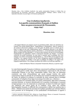 Une Évolution Inachevée. Les Partis Communistes Français Et Italien Face Au Gouvernement De L’Économie, 1944-1947 », Histoire@Politique