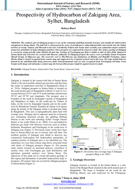 Prospectivity of Hydrocarbon of Zakiganj Area, Sylhet, Bangladesh