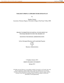 TSEK HOT SPRING CAMPGROUND BUSINESS PLAN by Stephen Jimmie Associate of Science Degree, University College of the Fraser Valley