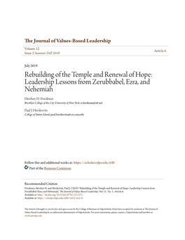 Rebuilding of the Temple and Renewal of Hope: Leadership Lessons from Zerubbabel, Ezra, and Nehemiah Hershey H