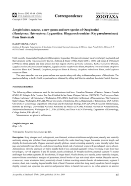 Zootaxa, Longinischus Ornatus, a New Genus and New Species of Ozophorini