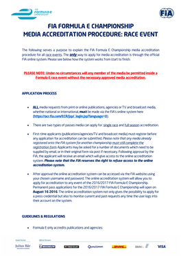 Fia Formula E Championship Media Accreditation Procedure: Race Event