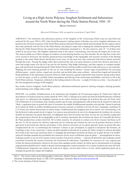 Living at a High Arctic Polynya: Inughuit Settlement and Subsistence Around the North Water During the Thule Station Period, 1910 – 53 Bjarne Grønnow1