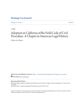 Adoption in California of the Field Code of Civil Procedure: a Chapter in American Legal History William Wirt Blume