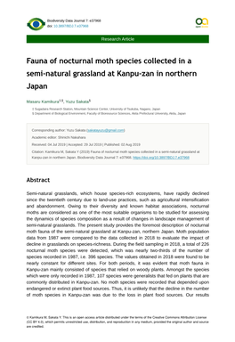 Fauna of Nocturnal Moth Species Collected in a Semi-Natural Grassland at Kanpu-Zan in Northern Japan