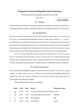 Proposal to Encode Malayalam Minor Fractions §1. Thanks §2