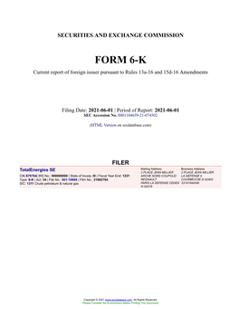 Totalenergies SE Form 6-K Current Event Report Filed 2021-06-01