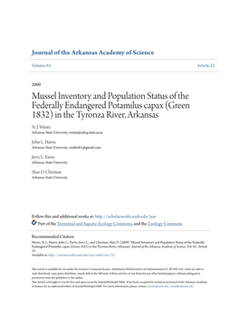 Mussel Inventory and Population Status of the Federally Endangered Potamilus Capax (Green 1832) in the Tyronza River, Arkansas N