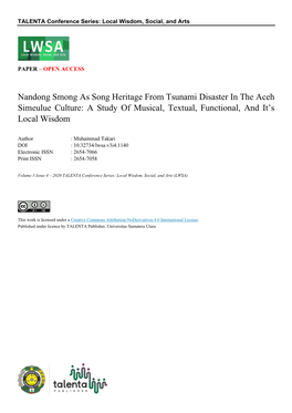 Nandong Smong As Song Heritage from Tsunami Disaster in the Aceh Simeulue Culture: a Study of Musical, Textual, Functional, and It’S Local Wisdom